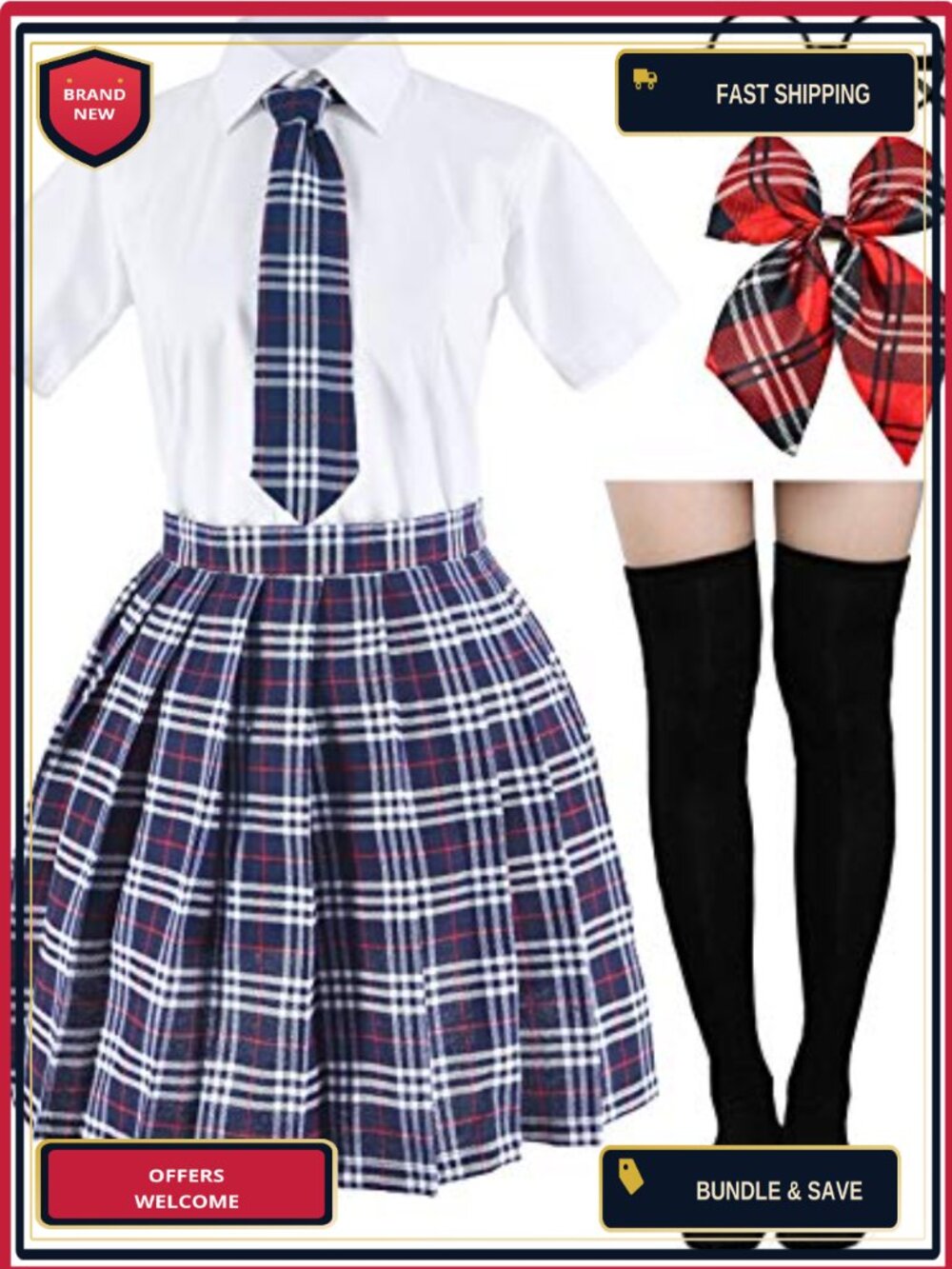 Tartan Pleated School Uniform Cosplay Costume Set w/ Socks & Glasses